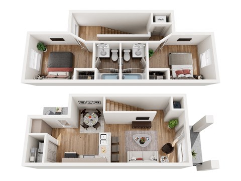 Floor plan for 2 beds, 2 baths, 1073 sqft